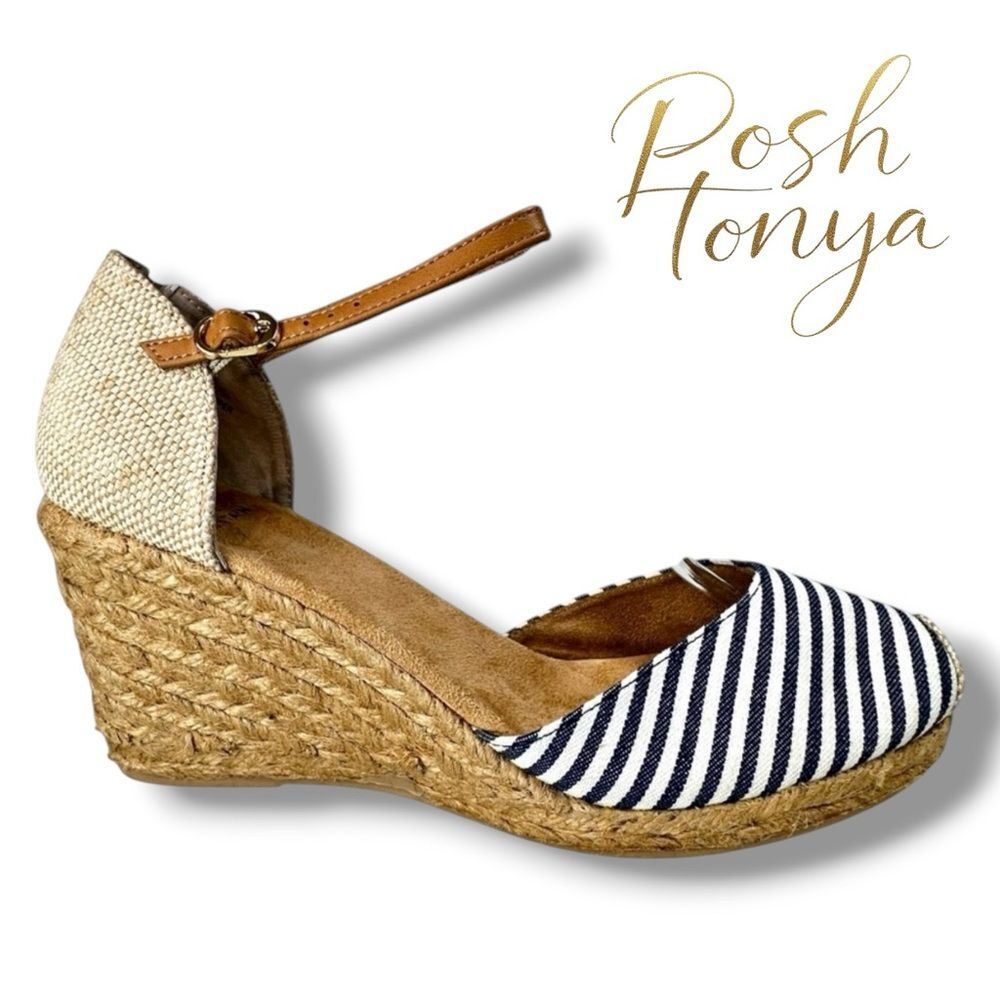 White Mountain Mamba Ankle Strap Espadrille Wedge Sandals Blue White Stripe 10M